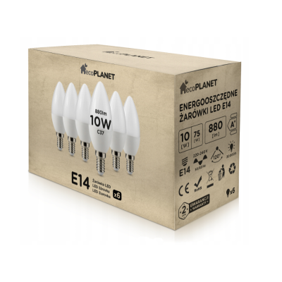 ecoPLANET 6x LED žárovka - ecoPLANET - E14 - 10W - svíčka - 880Lm - studená bílá