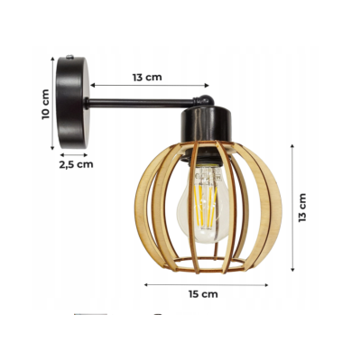 BERGE Nástěnná lampa - kinkiet - E27 - dřevěná koule malá - černá