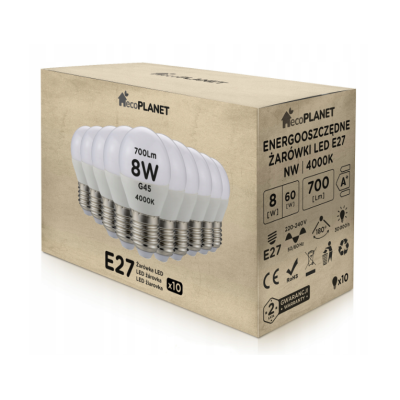 ecoPLANET 10x LED žárovka E27 - G45 - 8W - 700lm - neutrální bílá