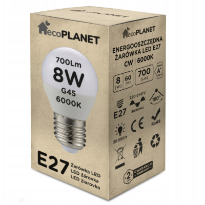 ecoPLANET 10x LED žárovka E27 - G45 - 8W - 700lm - studená bílá