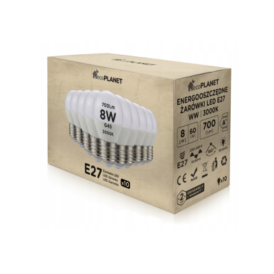 ecoPLANET 10x LED žárovka E27 - G45 - 8W - 700lm - teplá bílá