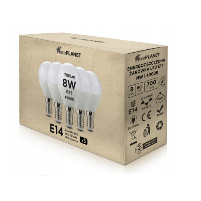 ecoPLANET 5x LED žárovka E14 - G45 - 8W - 700lm - neutrální bílá