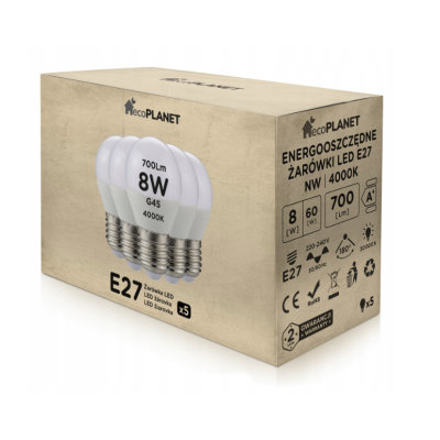 ecoPLANET 5x LED žárovka E27 - G45 - 8W - 700lm - neutrální bílá