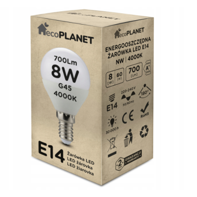 ecoPLANET LED žárovka E14 - G45 - 8W - 700lm - neutrální bílá