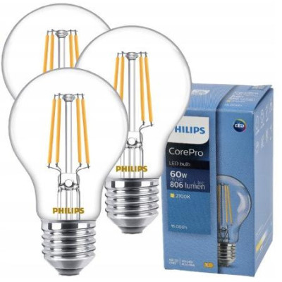3x LED žárovka E27 7W 806lm 115lm/w 2700k s vláknem