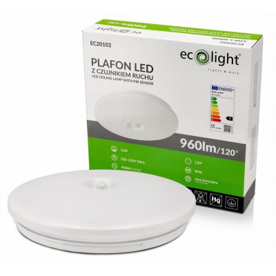 ECOLIGHT LED stropní svítidlo PIR - 12W - IP44 - neutrální bílá - senzor pohybu