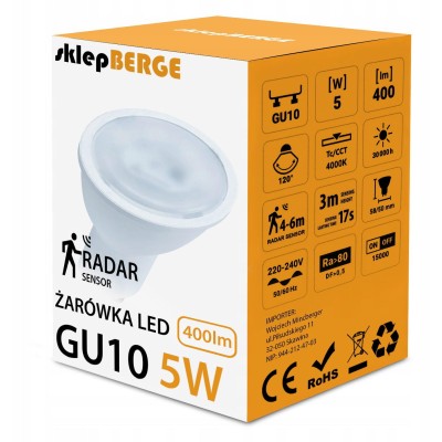 BERGE LED žárovka GU10 5W s pohybovým a soumrakovým senzorem