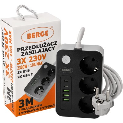 BERGE Prodlužovací kabel - 3 m - 3 zásuvky + USB