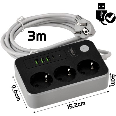 BERGE Prodlužovací kabel - 3 m - 3 zásuvky + USB