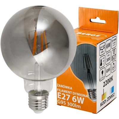 BERGE LED žárovka G95 - E27 - 6W - FILAMENT - kouřová - teplá bílá