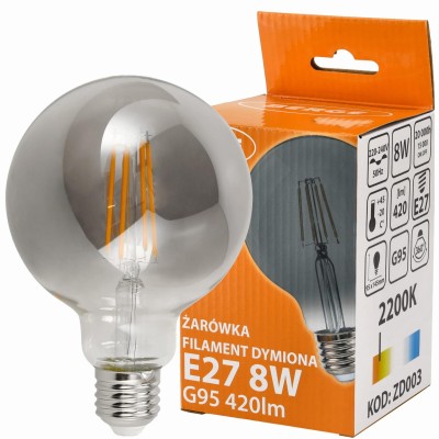 BERGE LED žárovka G95 - E27 - 8W - FILAMENT - kouřová - teplá bílá