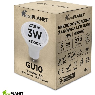 ecoPLANET LED žárovka GU10 - 3W - studená bílá