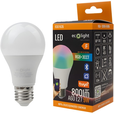 ECOLIGHT LED žárovka E27 RGB cct 9W bluetooth tuya smart inteligentní halogenová