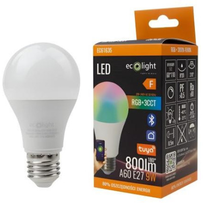 ECOLIGHT LED žárovka E27 RGB cct 9W bluetooth tuya smart inteligentní halogenová