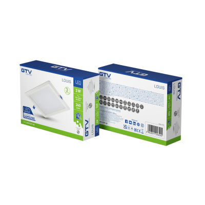 LED svítidlo LOUIS typ downlight, IP54, 3 W, 240 lm, AC 176–264 V, 50/60 Hz, 120°, 4000 K, vestavné, čtverec