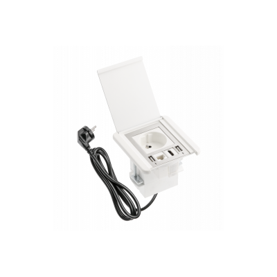 Nábytková zásuvka s výklopnou klapkou, 1x francouzská zásuvka, 2xUSB A RJ45, kabel 1,5m, bílá