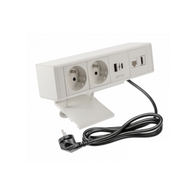 Nábytková zásuvka, 2x francouzská zásuvka, 1xUSB A, 1xUSB C. 1xRJ45,1xHDMI,, kabel 1,5m, bílá
