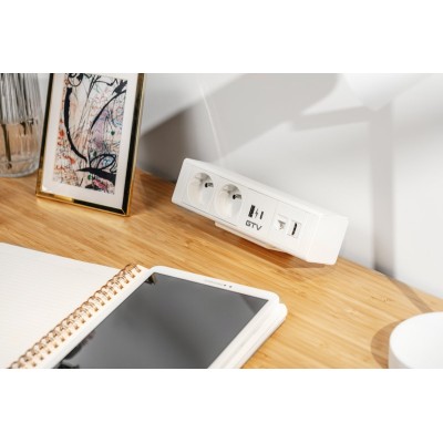 Nábytková zásuvka, 2x francouzská zásuvka, 1xUSB A, 1xUSB C. 1xRJ45,1xHDMI,, kabel 1,5m, bílá