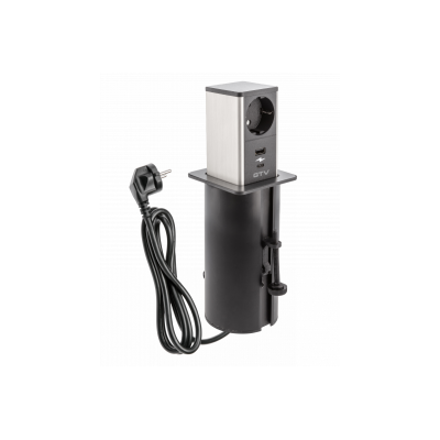 Výsuvná nábytková zásuvka věž, 1x zásuvka schuko, 1xUSB A, 1xUSB, kabel 1,5m, černá, víčko inox