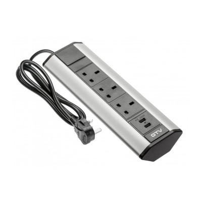 Prodlužovací kabel stolu úhlový 3x UK zásuvka, 2xUSB 2.1A 5V (stříbrná) ANGLICKÁ VERZE