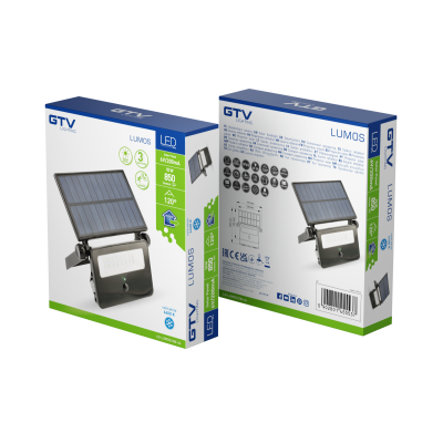 Solární LED reflektor LUMOS, s pohybovým čidlem, 10W, 850lm, 6400K, IP65, 120°, solární panel, 3r
