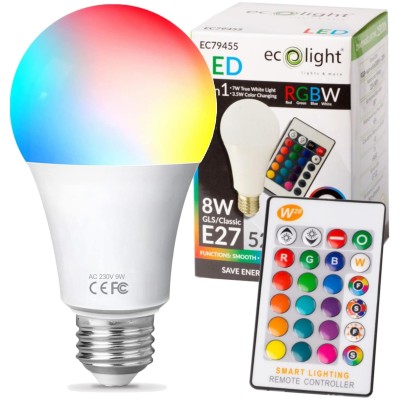 ECO LIGHT LED žárovka E27 - 8W - RGB+NW + dálkový ovladač