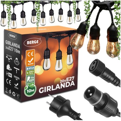 BERGE Zahradní girlanda 10m + 20x 1W LED žárovka