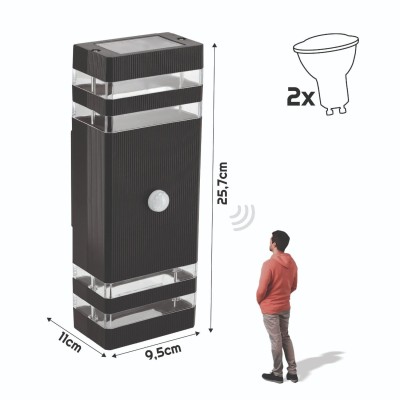 BERGE LED fasádní svítidlo 2xGU10 IP44 černé s čidlem