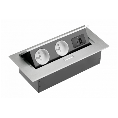 Nábytková zásuvka 2x zásuvka s uzemněním, USB A+C, napájecí kabel se zástrčkou, hliník
