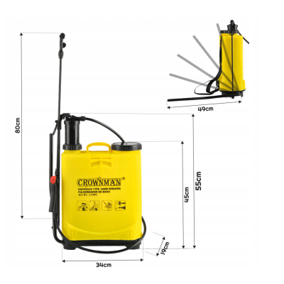 CROWNMAN Ruční tlakový postřikovač na batoh 16L, 80cm tyč + sada konektorů