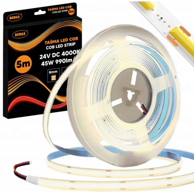 BERGE LED pásek COB Neon 24V - 480D - 9W/m - IP20 - 990lm - 5m - neutrální barva