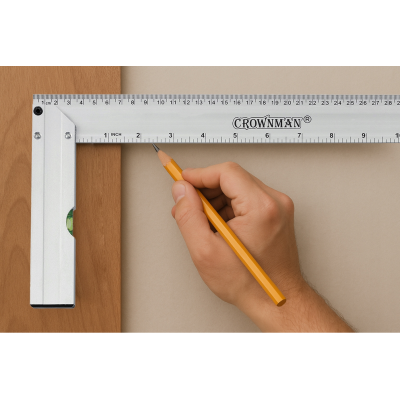 CROWNMAN Hliníkový truhlářský úhelník s vodováhou 350 mm