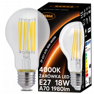 BERGE LED žárovka s vláknem E27 - 18W - neutrální bílá