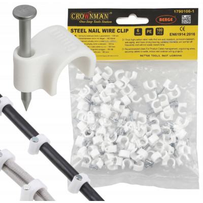 CROWNMAN Držáky kabelů na girlandy s 6mm hřebíky, 100 kusů, bílé