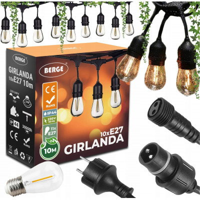 ZAHRADNÍ SVĚTELNÝ ŘETĚZ 10M 10xE27 Sada s LED žárovkami IP44
