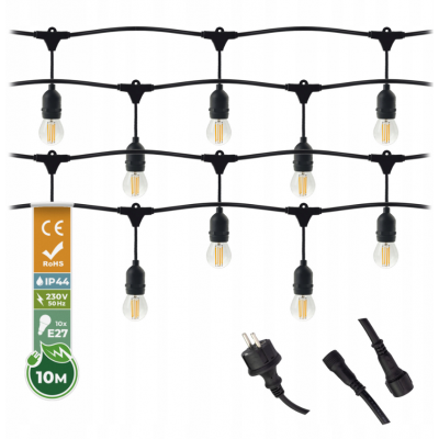 ZAHRADNÍ SVĚTELNÝ ŘETĚZ 10M 10xE27 Sada s LED žárovkami IP44